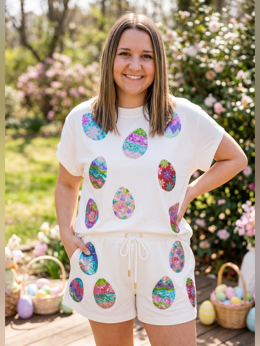 Mary Square Sequin Egg Easter White Lounge Set